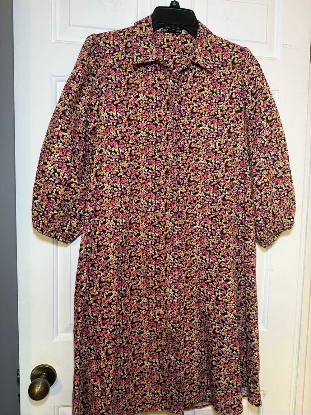 Zara Micro Black & Pink Floral Print Balloon Sleeve Shirt Dress MEDIUM Preppy